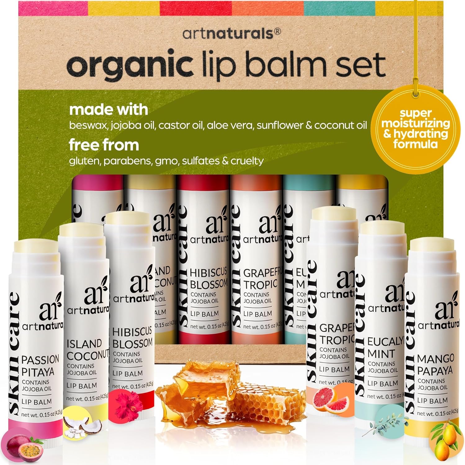 Artnaturals Natural Lip Balm Beeswax - Gift Set of Assorted Flavors - Chapstick for Dry, Chapped & Cracked lips - Lip Repair Therapy with Aloe Vera, Coconut, Castor & Jojoba Oil (Pack of 6)-0