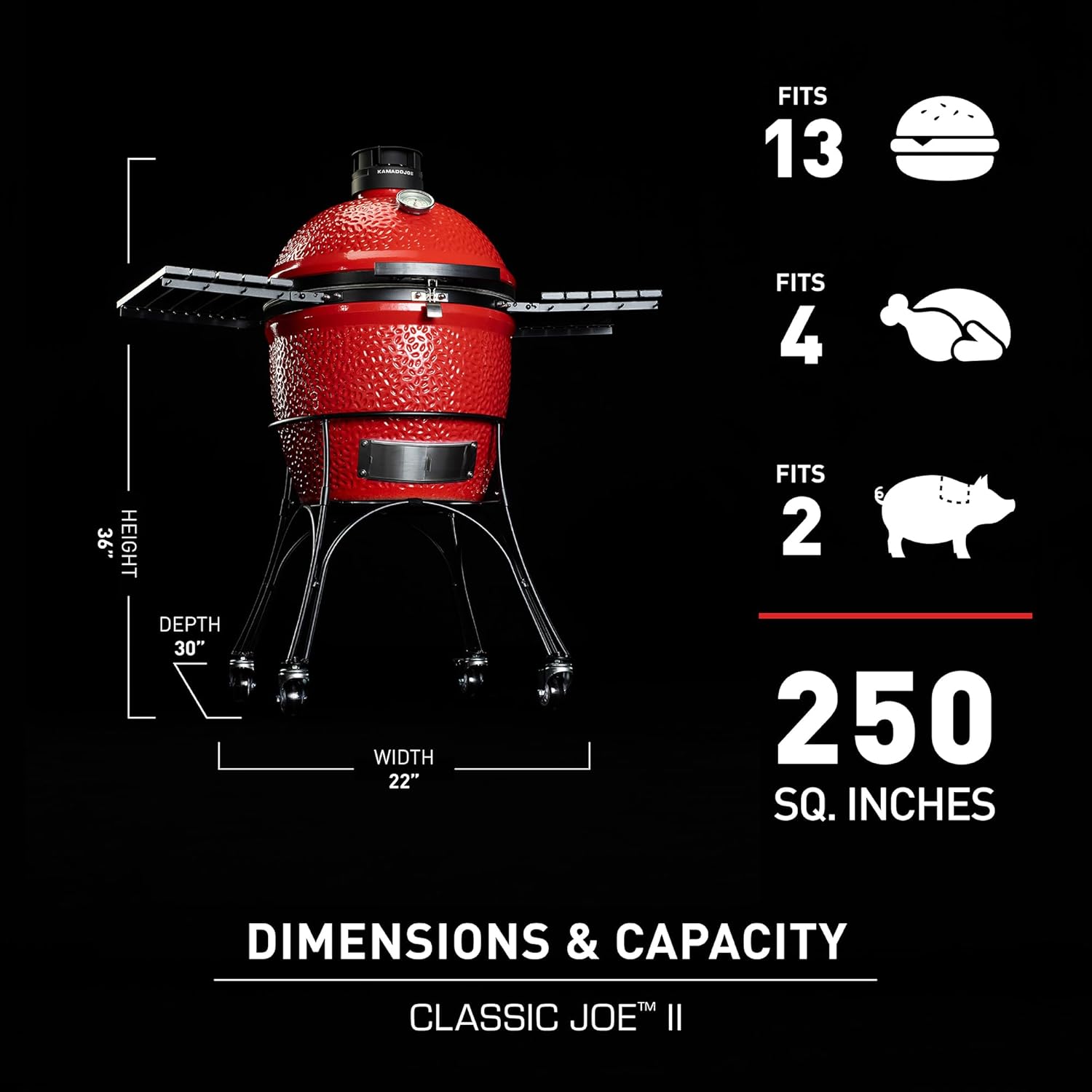 Kamado Joe KJ23RHC Classic II Smoker BBQ, Outdoor Charcoal Barbecue Grill In Red With Cast Iron Cart, Heat Deflectors And Ash Tool-2