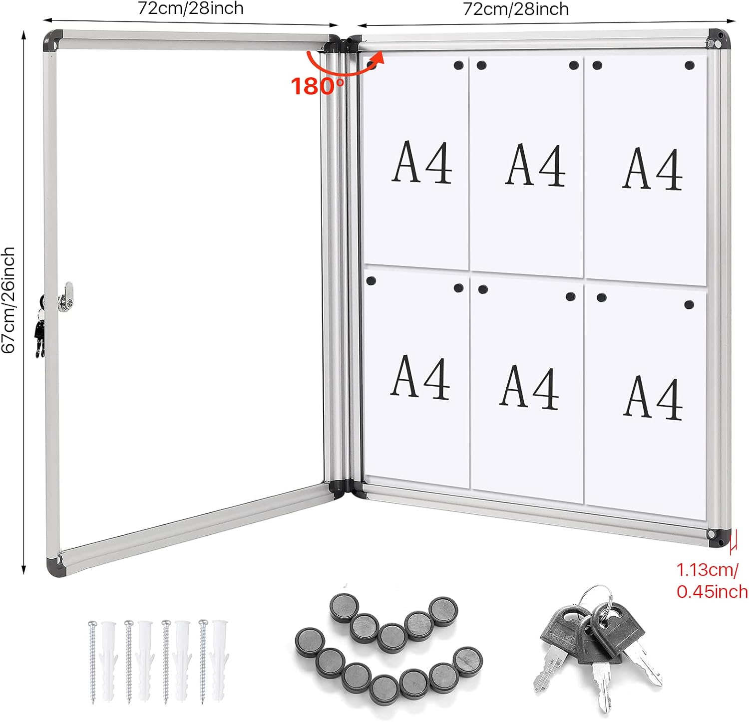 Swansea Enclosed Bulletin Board Lockable White Board Noticeboard with Door Wall Display Case for School Office 67x72cm(6xA4)-1