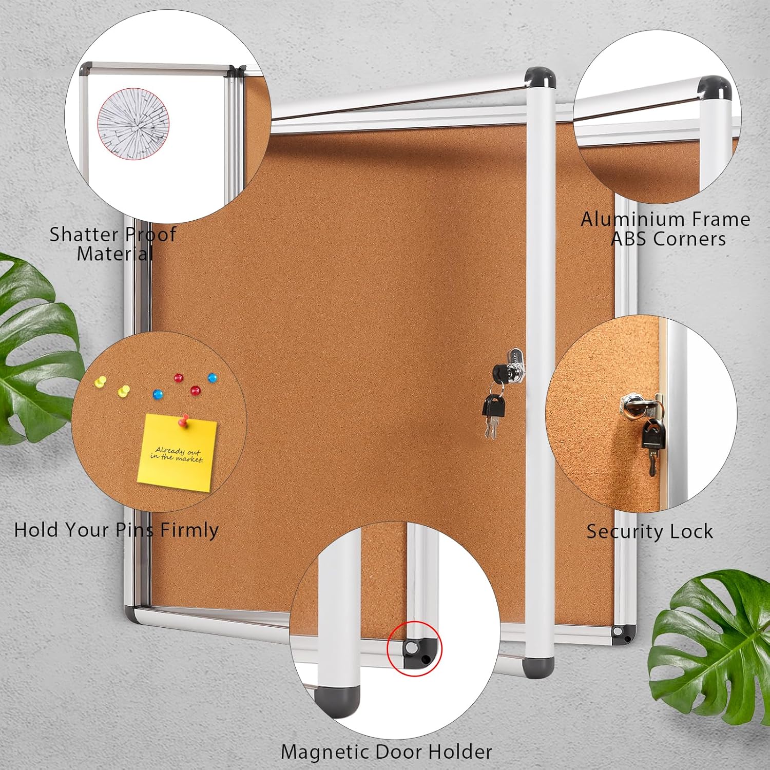 SWANCROWN Lockable Notice Cork Board, Tamperproof Wall Display Board with Locking Door for Office School Home, 67x72cm(6xA4)-2