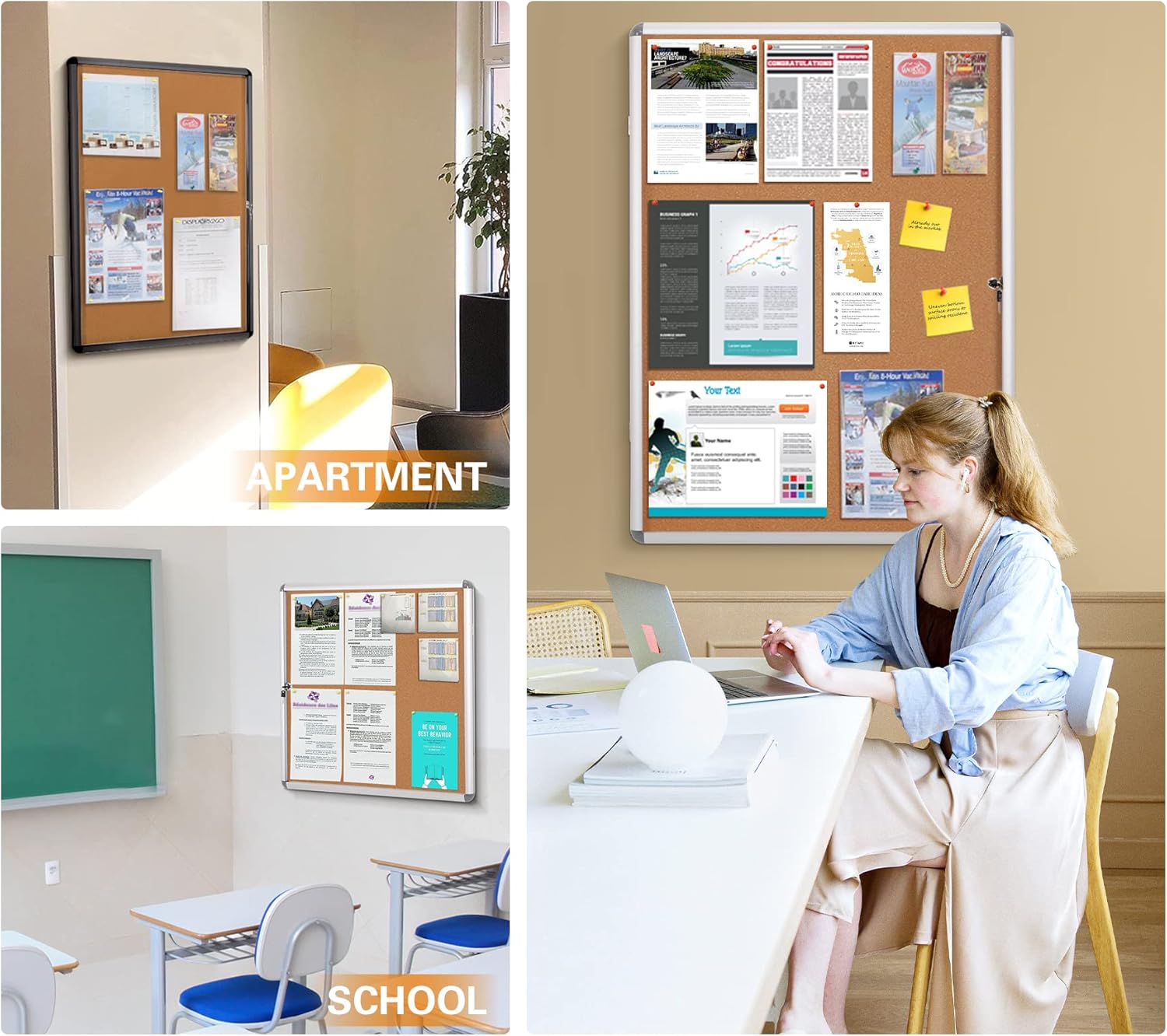 SWANCROWN Lockable Notice Cork Board, Tamperproof Wall Display Board with Locking Door for Office School Home, 67x72cm(6xA4)-6