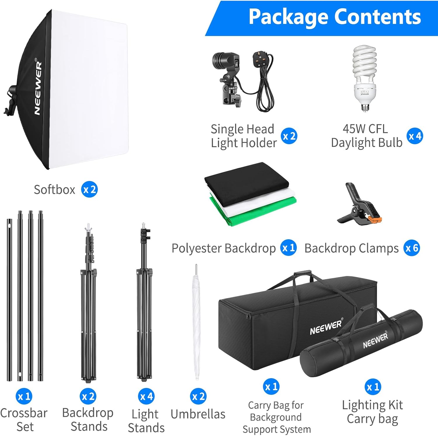 NEEWER Photography Lighting kit with Backdrops, 8.5x10ft Backdrop Stands, CE Certified 5700K 800W Equivalent 24W LED Umbrella Softbox Continuous Lighting, Photo Studio Equipment for Photo Video Shoot-7