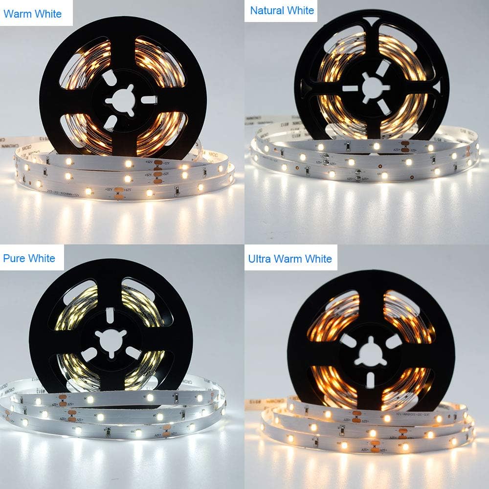 LightingWill LED Strip Light CRI90 SMD3528 16.4Ft(5M) 150LEDs Nature White 4000K-4500K 30LEDs/M DC12V 12W 2.4W/M 8mm White PCB Flexible Ribbon Strip with Adhesive Tape Non-Waterproof H3528NW150N-2