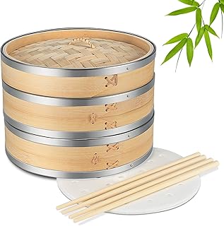 Flexzion Bamboo Steamer Basket Set (10 inch) with Stainless Steel Banding, 50 x Steamer Liners and 2 Pairs of Chopsticks, Steam Baskets for DimSum Dumplings, Rice, Vegetables, Fish and Meat