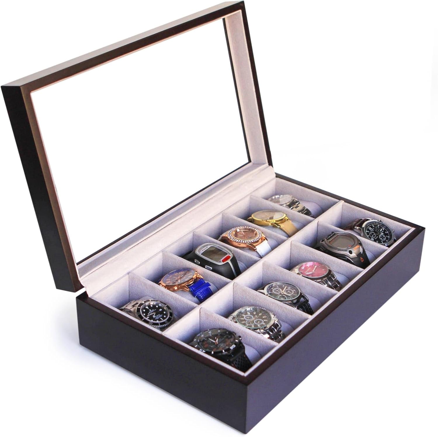 CASE ELEGANCE Solid Espresso 12 Slot Wood Watch Box Organizer with Glass Display Top-0