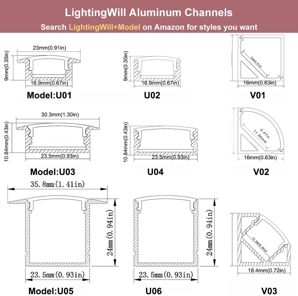 LightingWill Spot Free U Shape LED Aluminum Profile 5-Pack 3.3ft/1M 36x24mm Anodized Silver Track Internal Width 20mm with Cover End Caps Mounting Clips for Cabinet Kitchen LED Strip Lighting-U05S5-5