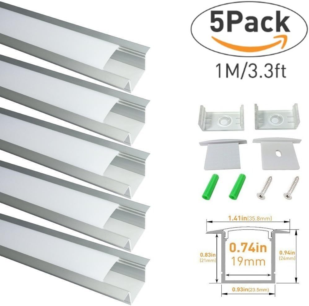 LightingWill Spot Free U Shape LED Aluminum Profile 5-Pack 3.3ft/1M 36x24mm Anodized Silver Track Internal Width 20mm with Cover End Caps Mounting Clips for Cabinet Kitchen LED Strip Lighting-U05S5-6