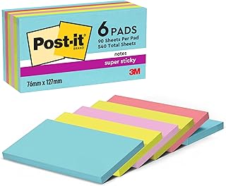 Post-it Super Sticky Notes, School and Office Supplies, Extra Sticking Notes for Boards, Monitors & Walls, 6 Pads in Pastel Colours, 540 Total Sheets, 76 mm x 127 mm