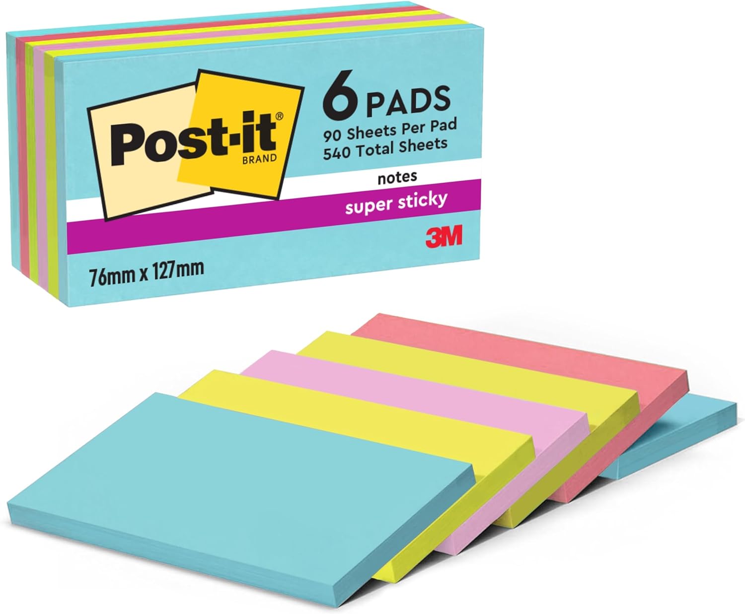 Post-it Super Sticky Notes, School and Office Supplies, Extra Sticking Notes for Boards, Monitors & Walls, 6 Pads in Pastel Colours, 540 Total Sheets, 76 mm x 127 mm-0