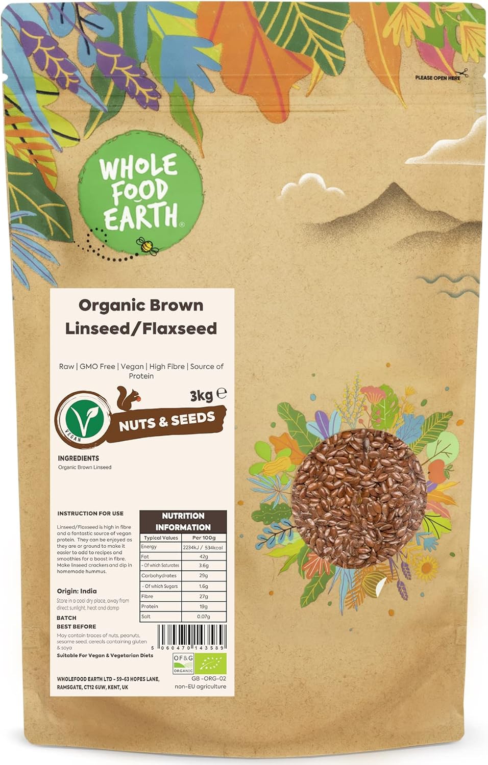 Wholefood Earth Organic Brown Linseed/Flaxseed – 3 kg | Raw | GMO Free | Vegan | High Fibre | Source of Protein | Certified Organic-0