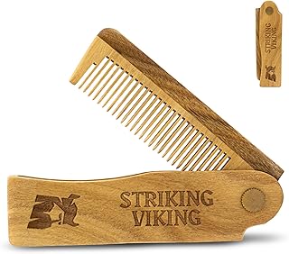 Striking Viking Folding Wooden Comb - Men's Hair, Beard & Mustache Comb - Pocket Sized Sandal Wood Comb for Everyday Grooming, Use Dry or with Balms and Oils - Beard Gift for Men