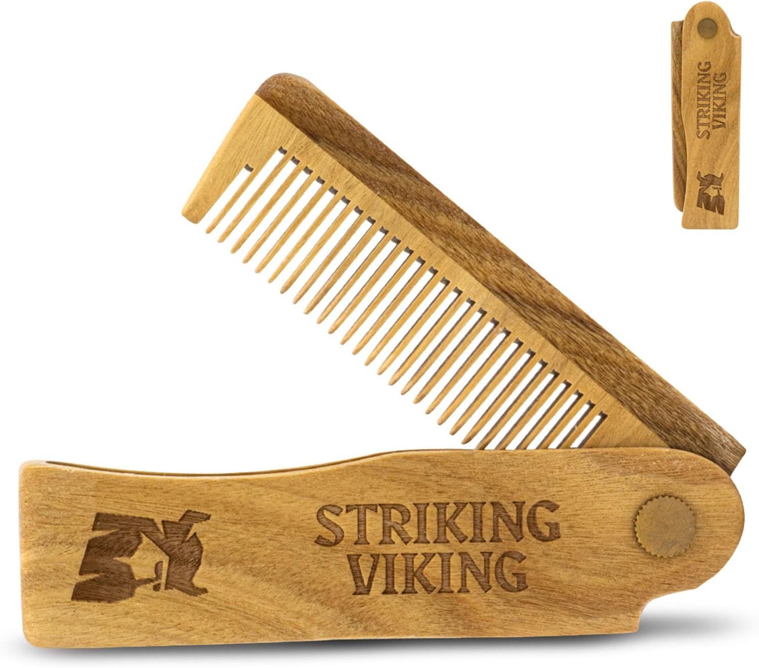 Striking Viking Folding Wooden Comb - Men's Hair, Beard & Mustache Comb - Pocket Sized Sandal Wood Comb for Everyday Grooming, Use Dry or with Balms and Oils - Beard Gift for Men-0