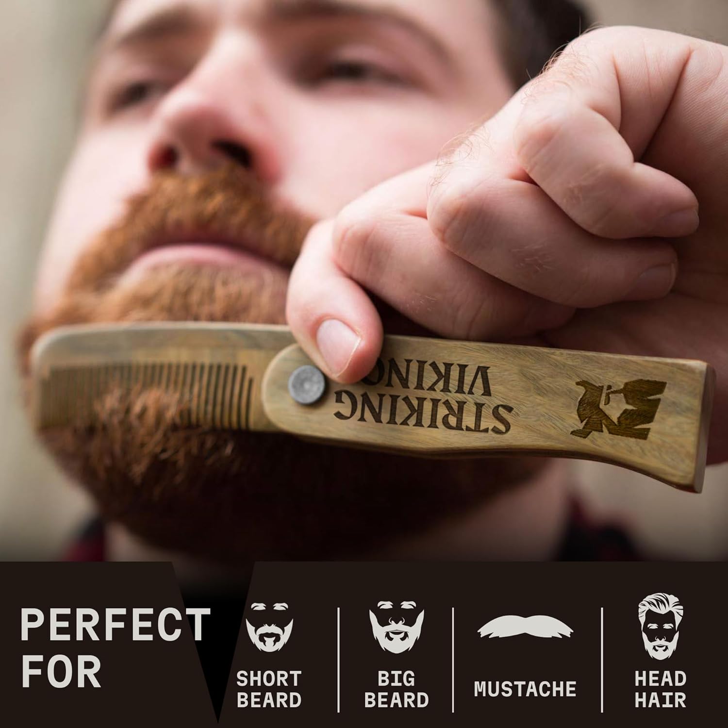 Striking Viking Folding Wooden Comb - Men's Hair, Beard & Mustache Comb - Pocket Sized Sandal Wood Comb for Everyday Grooming, Use Dry or with Balms and Oils - Beard Gift for Men-3