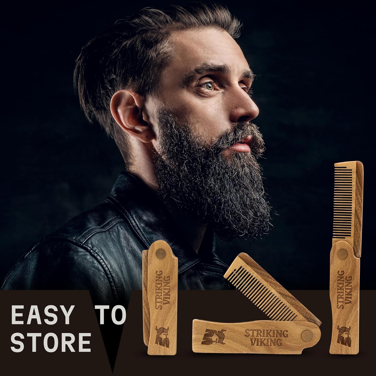 Striking Viking Folding Wooden Comb - Men's Hair, Beard & Mustache Comb - Pocket Sized Sandal Wood Comb for Everyday Grooming, Use Dry or with Balms and Oils - Beard Gift for Men-5