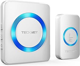 TECKNET Wireless Doorbell, IP65 Waterproof Wall Plug-in Cordless Door Chime Kit with 1300feet / 400m Range, 60 Chimes, 5-Level Volume & Blue Light, Best for Plug in Door Entry Bell