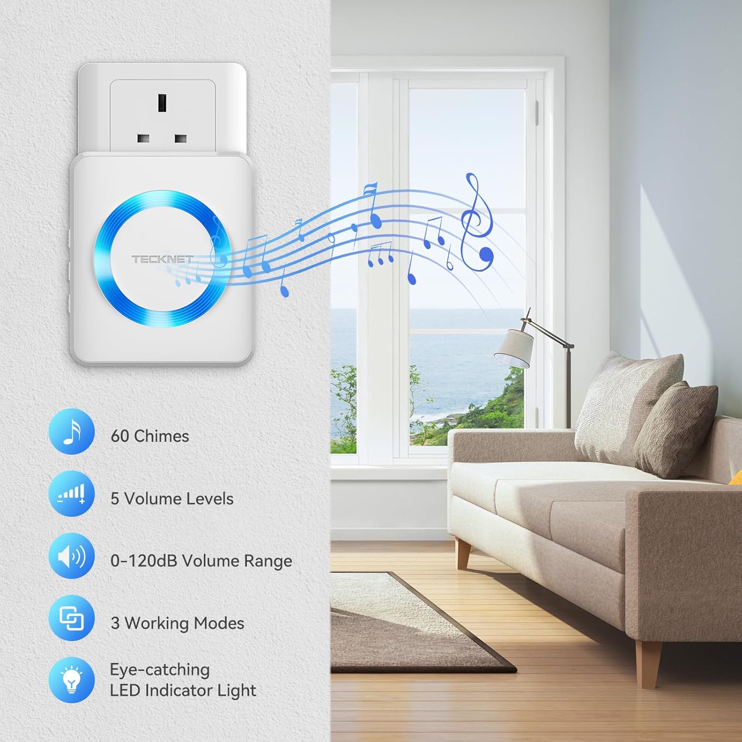 TECKNET Wireless Doorbell, IP65 Waterproof Wall Plug-in Cordless Door Chime Kit with 1300feet / 400m Range, 60 Chimes, 5-Level Volume & Blue Light, Best for Plug in Door Entry Bell-1