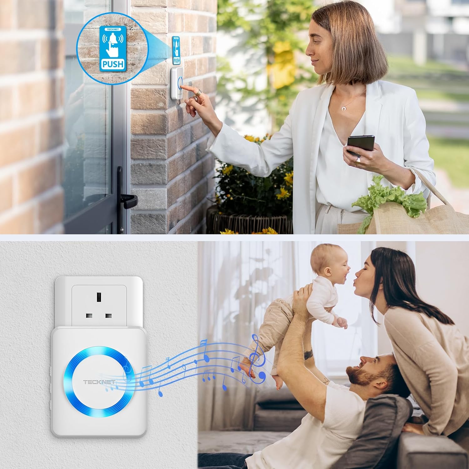 TECKNET Wireless Doorbell, IP65 Waterproof Wall Plug-in Cordless Door Chime Kit with 1300feet / 400m Range, 60 Chimes, 5-Level Volume & Blue Light, Best for Plug in Door Entry Bell-5