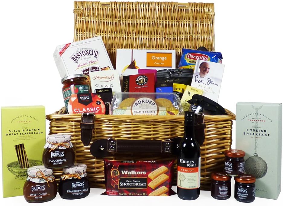 'Gourmet Treats' Food Hamper in a Traditional Style Wicker Basket (includes 25 delicious items) - Gifts for Mothers Day, Mum, Valentines, Christmas, Birthday, Corporate, Thank you Presents-0