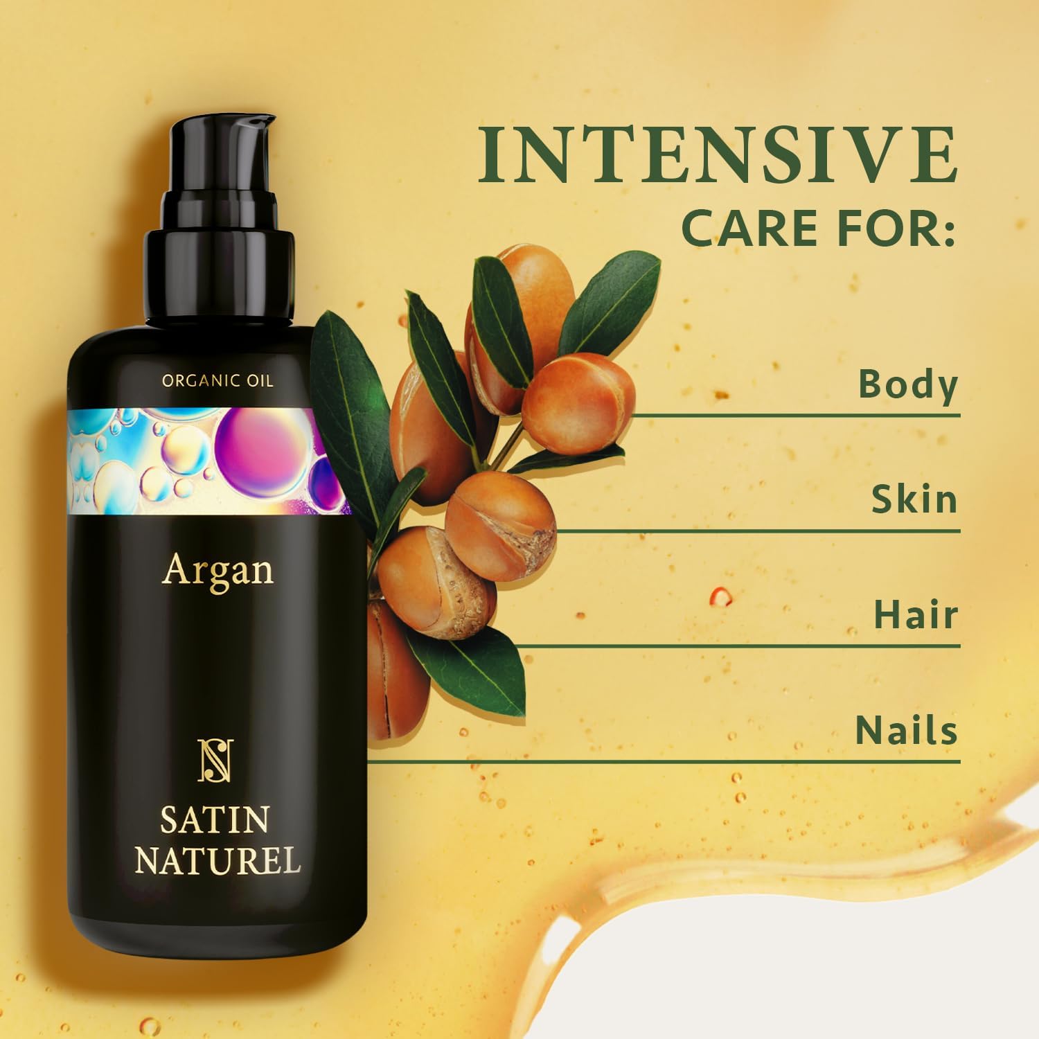 Argan Oil for Hair Skin and Nails 200ml - Natural Moisturiser - Organic Hair Growth Oil for Healthy Hydrated Hair - Natural Hair Oil for Women and Men - Massage Oil - Beard Oil – Satin Naturel-1