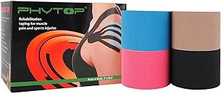 PHYTOP 4 Rolls Kinesiology Tape 5m x 5cm in Different Color (Pink, Blue, Black, Beige) Athletic Tape Sport for Strapping & Physiotherapy