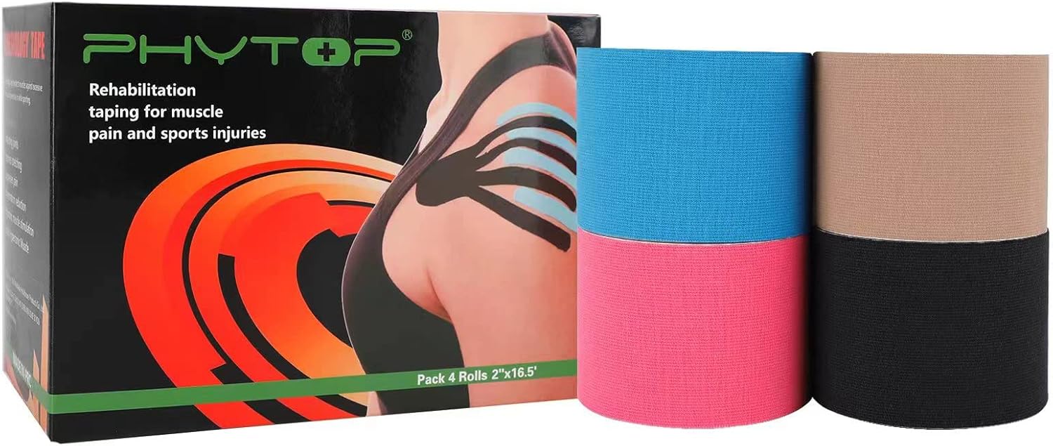 PHYTOP 4 Rolls Kinesiology Tape 5m x 5cm in Different Color (Pink, Blue, Black, Beige) Athletic Tape Sport for Strapping & Physiotherapy-0