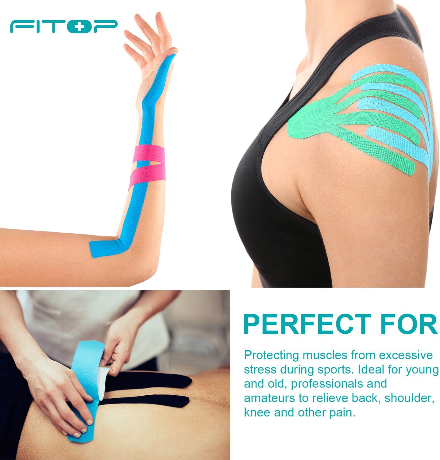 PHYTOP 4 Rolls Kinesiology Tape 5m x 5cm in Different Color (Pink, Blue, Black, Beige) Athletic Tape Sport for Strapping & Physiotherapy-5