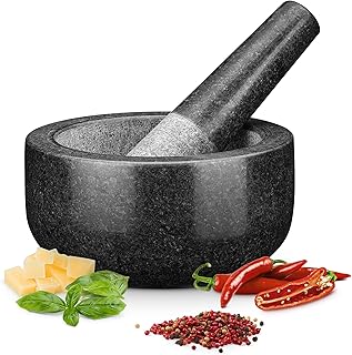 H&S Pestle and Mortar Set Premium Solid Granite Stone Large Black - 16cm(6.3") Diameter