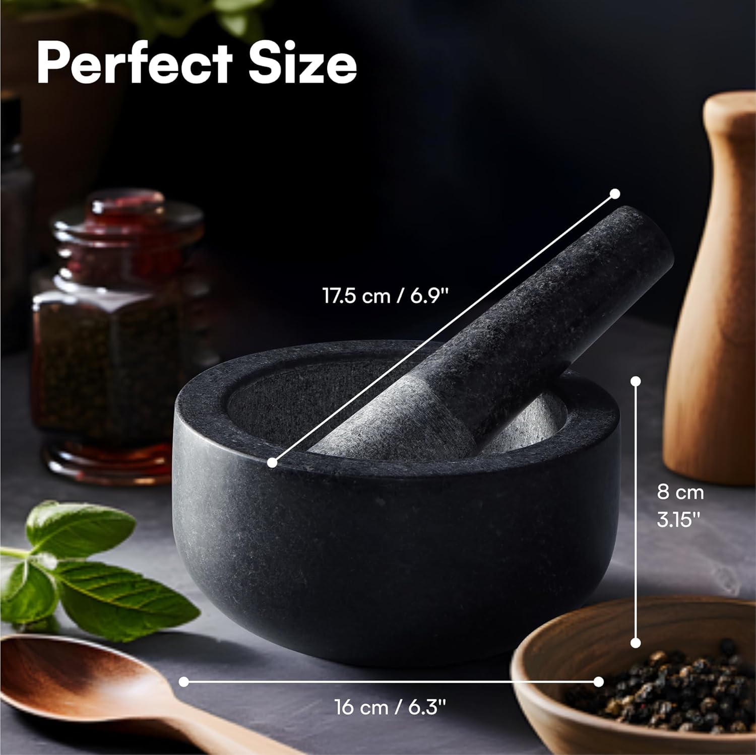 H&S Pestle and Mortar Set Premium Solid Granite Stone Large Black - 16cm(6.3") Diameter-1