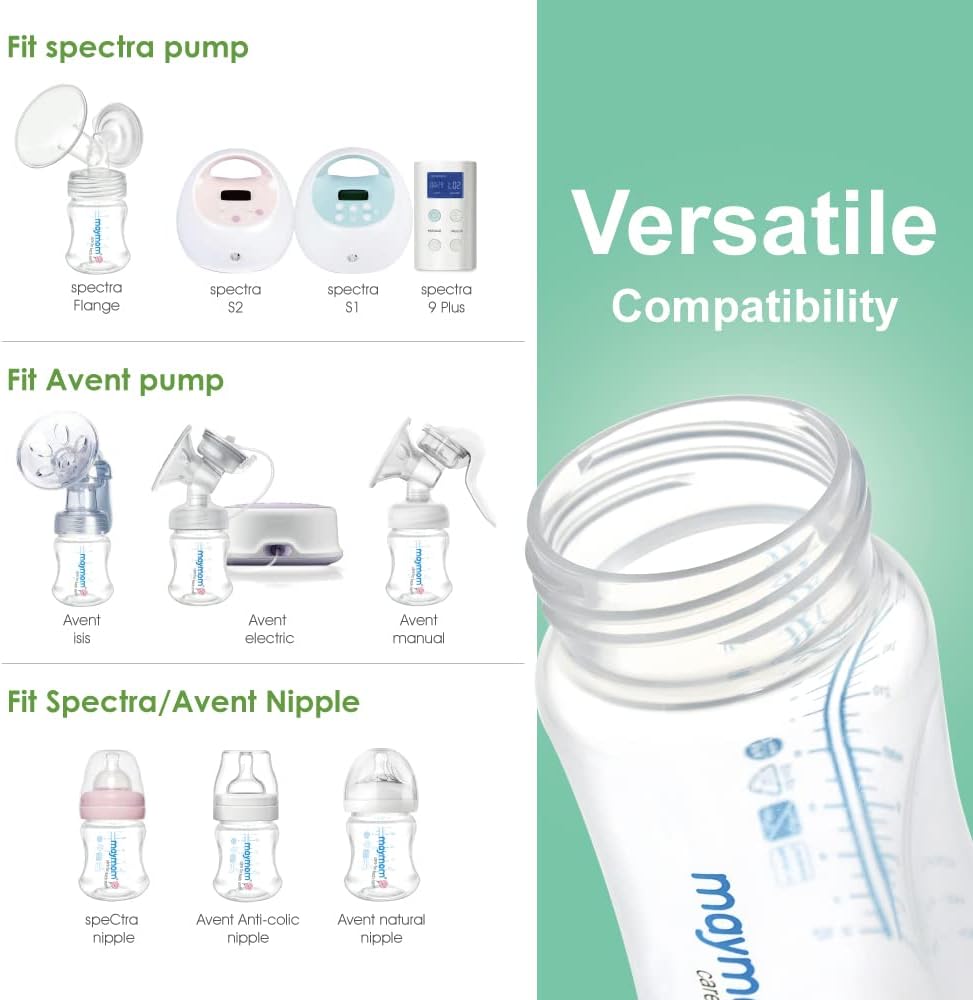 Maymom Wide Neck Breastmilk Collection and Storage Bottle 9oz; Remarkable SureSeal Disc. Compatible with Spectra S2, Spectra S1 Spectra 9+ and Avent Breast Pumps-1