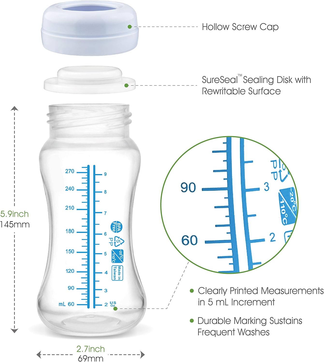 Maymom Wide Neck Breastmilk Collection and Storage Bottle 9oz; Remarkable SureSeal Disc. Compatible with Spectra S2, Spectra S1 Spectra 9+ and Avent Breast Pumps-2