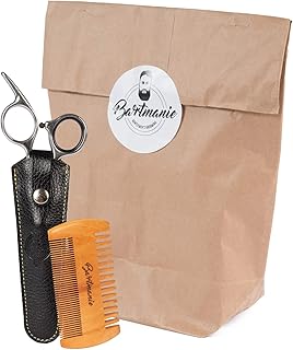 Bartmanie Beard Trimmer Set with Stainless Steel Beard Scissors & Wooden Beard Comb Including a Faux Leather Case, Beard-Cutting-Kit for Men (2 pieces)