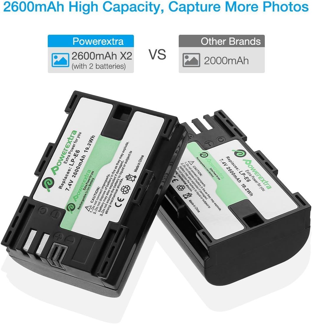 Powerextra LP-E6 LP-E6n Battery 2 Pack 2600mAh,Compatible with Canon EOS 80D,90D,5D Mark II,III,IV,5DS,5DS R,6D,60D,6D Mark II,7D,7D Mark II,70D,XC15,RA,R5,R6,BMPCC 4k 6k Cameras-2