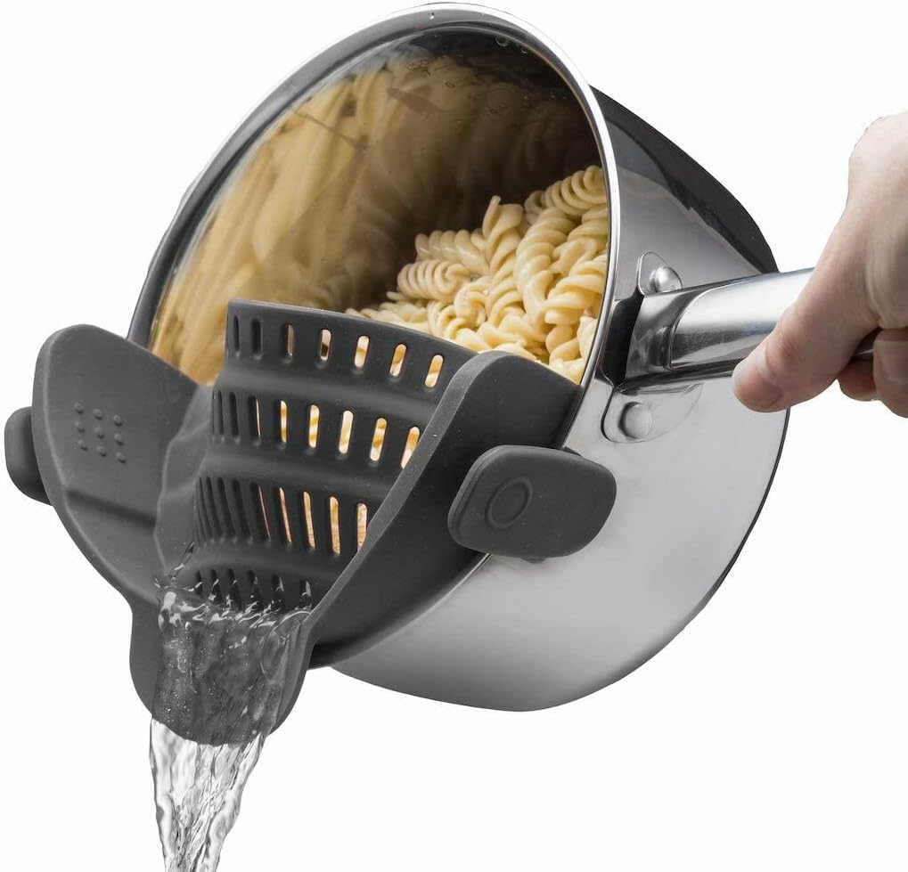 Kitchen Gizmo Snap N' Strain - Silicone Clip-On Colander, Heat Resistant Drainer for Vegetables and Pasta Noodles, Kitchen Gadgets for Bowl, Pots, and Pans - Essential Home Cooking Tools - Grey-0