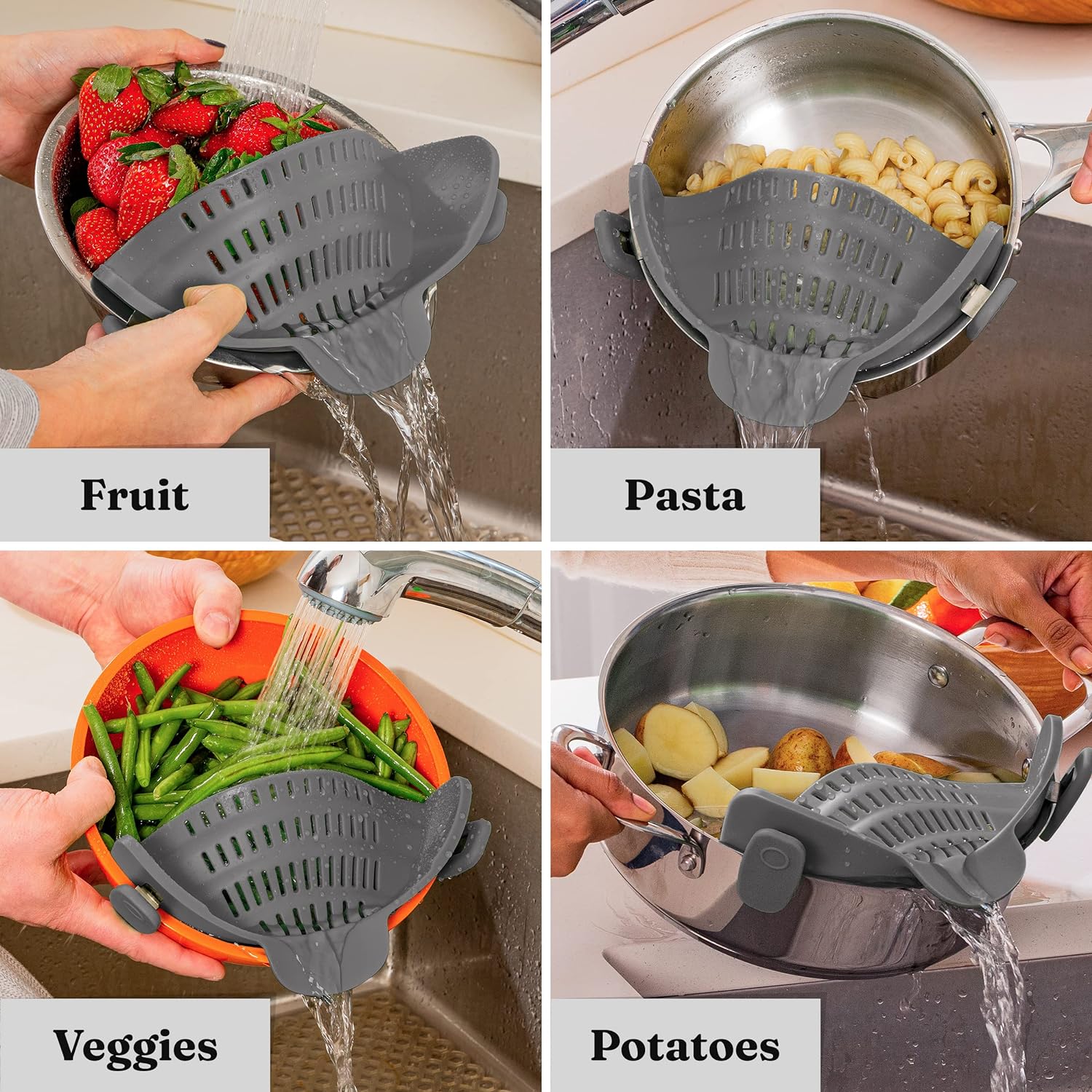 Kitchen Gizmo Snap N' Strain - Silicone Clip-On Colander, Heat Resistant Drainer for Vegetables and Pasta Noodles, Kitchen Gadgets for Bowl, Pots, and Pans - Essential Home Cooking Tools - Grey-6