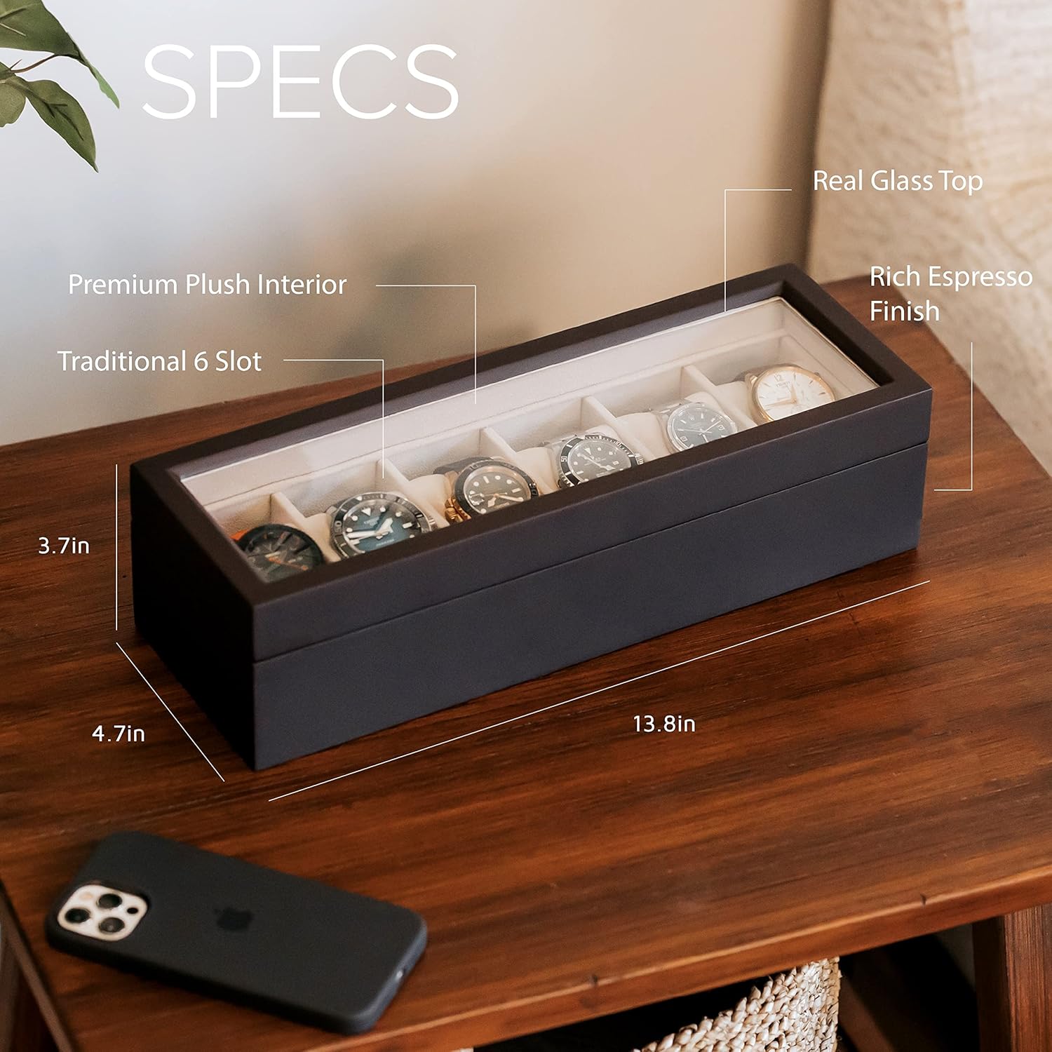 CASE ELEGANCE Solid Espresso Wood Watch Box Organizer with Glass Display Top-2