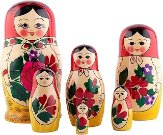 Heka Naturals Semyonov Red Nesting Dolls | All Natural Wooden Matryoshka Doll Set of 6 (13 cm) - Traditional Babushka Home Decor, Wooden Stacking Toys, Handmade Toys & Games, Shape Sorter Accessories