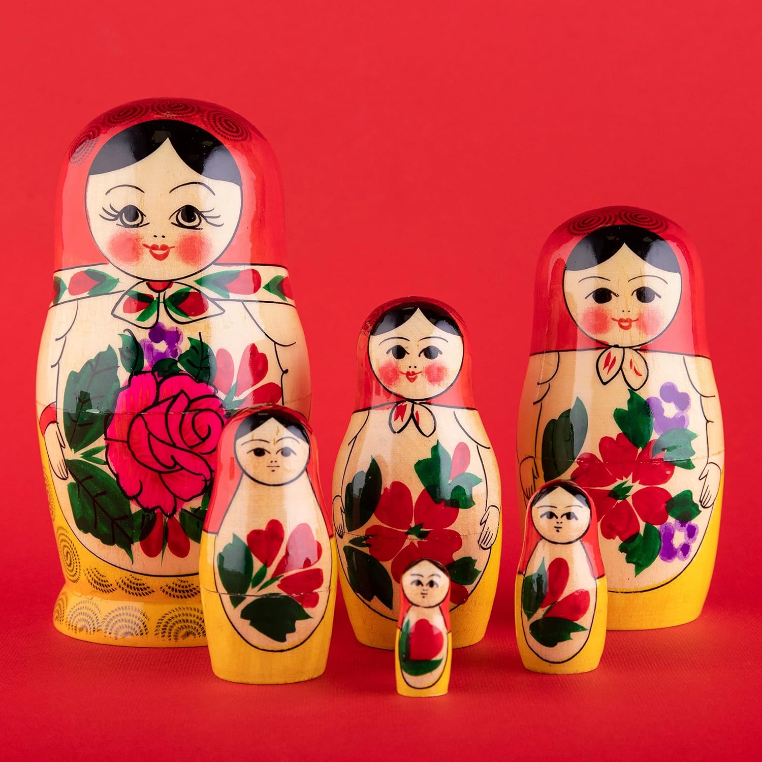 Heka Naturals Semyonov Red Nesting Dolls | All Natural Wooden Matryoshka Doll Set of 6 (13 cm) - Traditional Babushka Home Decor, Wooden Stacking Toys, Handmade Toys & Games, Shape Sorter Accessories-4