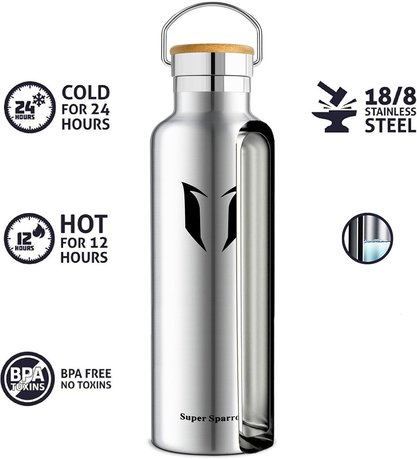 Super Sparrow Stainless Steel Water Bottle - 350ml/500ml/620ml/750ml/1L- Insulated Metal Water Bottle - Standard Mouth Flask - BPA Free - Straw Water Bottle for Work, Gym, Sports-2