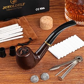 Joyoldelf Smoking Pipes, Exquisite Ebony Wood Tabacco Pipe, Tobacco Pipe Starter Kit with Pipe Cleaners, 9 mm Pipe Filters, 3-in-1 Pipe Scraper, Pipe Bits, Cork Knockers, Smoking Bowl Pipe for Gifts