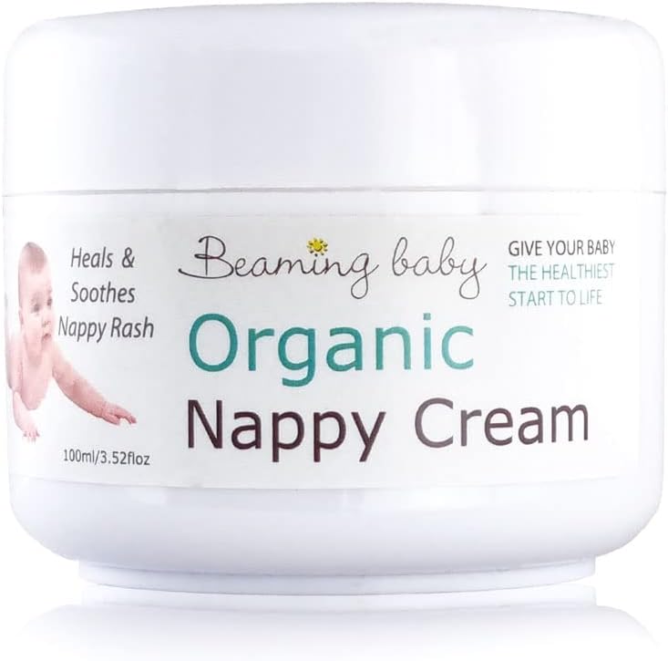 Beaming Baby Organic Nappy Cream 100ml. Naturally Soothing & Healing Nappy Rash Cream, Gentle on Sensitive Skin & Eczema. Hypoallergenic, Over 80% Organic Ingredients. Suitable for Newborn-0