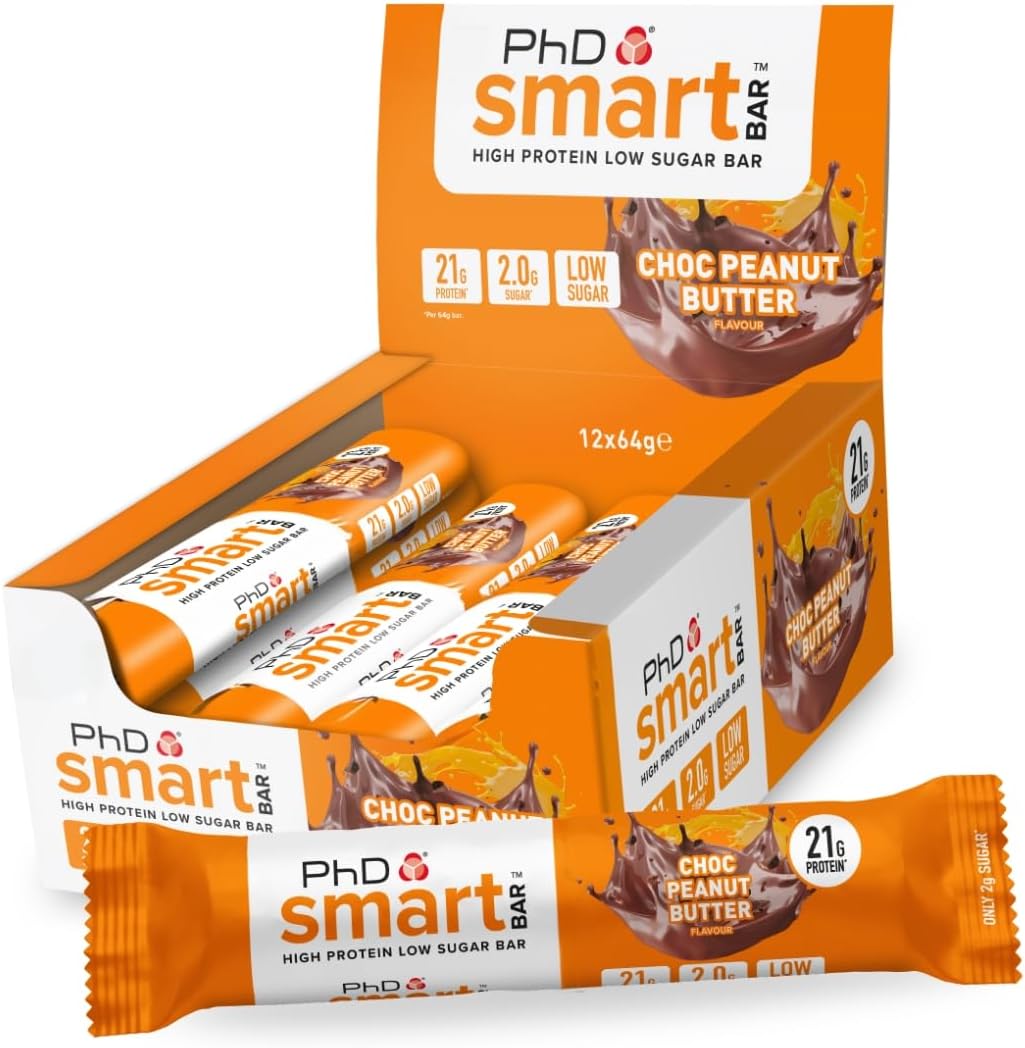 PhD Nutrition Smart Protein Bar Low Calorie, Nutritional Protein Bars/Protein Snacks, High Protein Low Sugar, Chocolate Peanut Butter Flavour, 20g of Protein, 64g Bar (12 Pack)-0