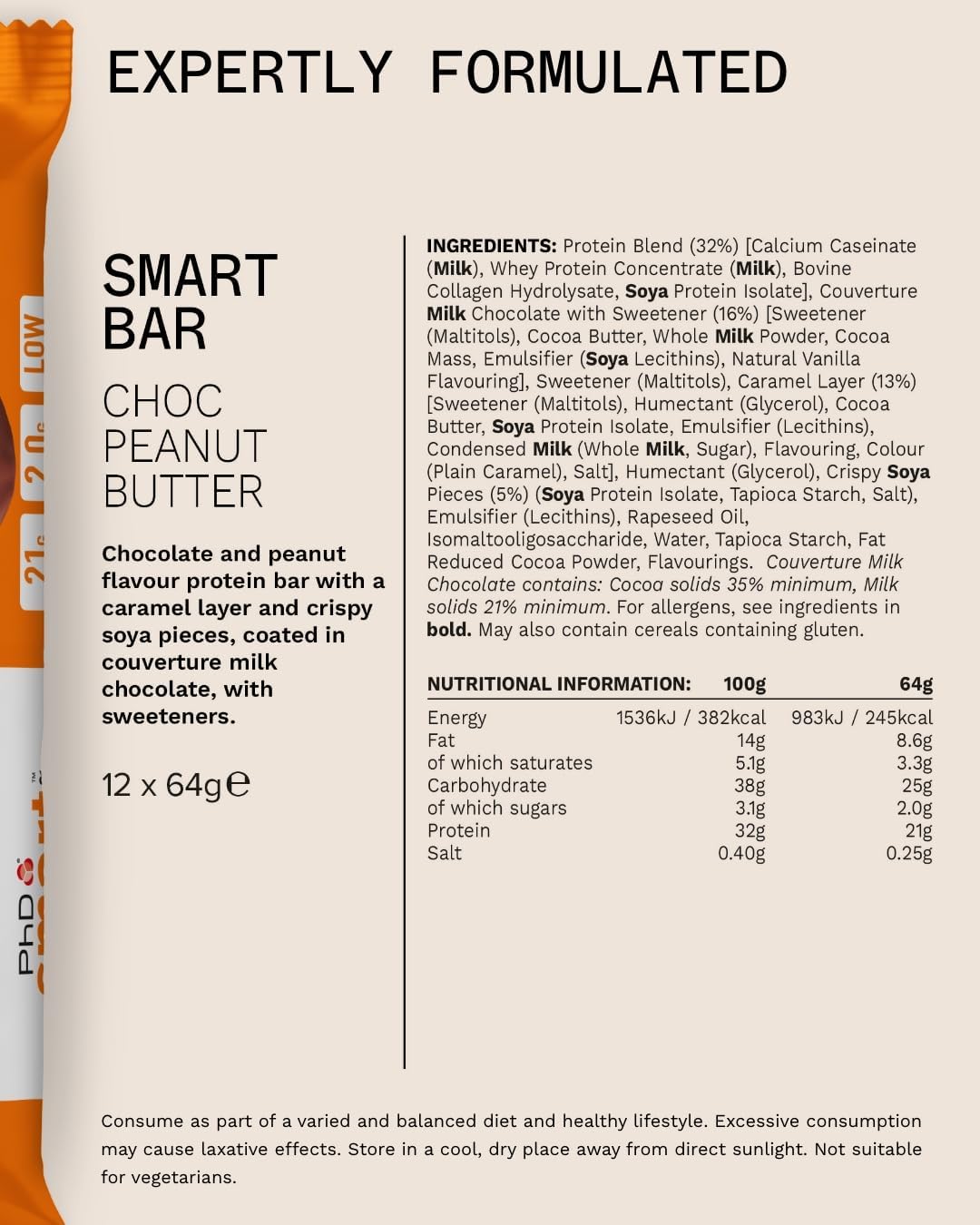 PhD Nutrition Smart Protein Bar Low Calorie, Nutritional Protein Bars/Protein Snacks, High Protein Low Sugar, Chocolate Peanut Butter Flavour, 20g of Protein, 64g Bar (12 Pack)-5