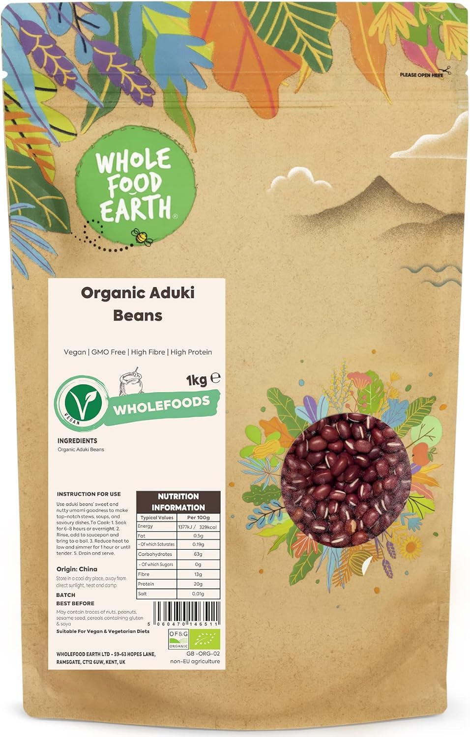 Wholefood Earth Organic Aduki Beans 1kg Vegan | GMO Free | High Fibre | High Protein | Certified Organic-0