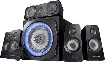 Trust Gaming GXT 658 Tytan 5.1 Surround Sound Speaker System, PC Speakers with Subwoofer, UK Plug, LED Illuminated, 180 W - Black/Blue