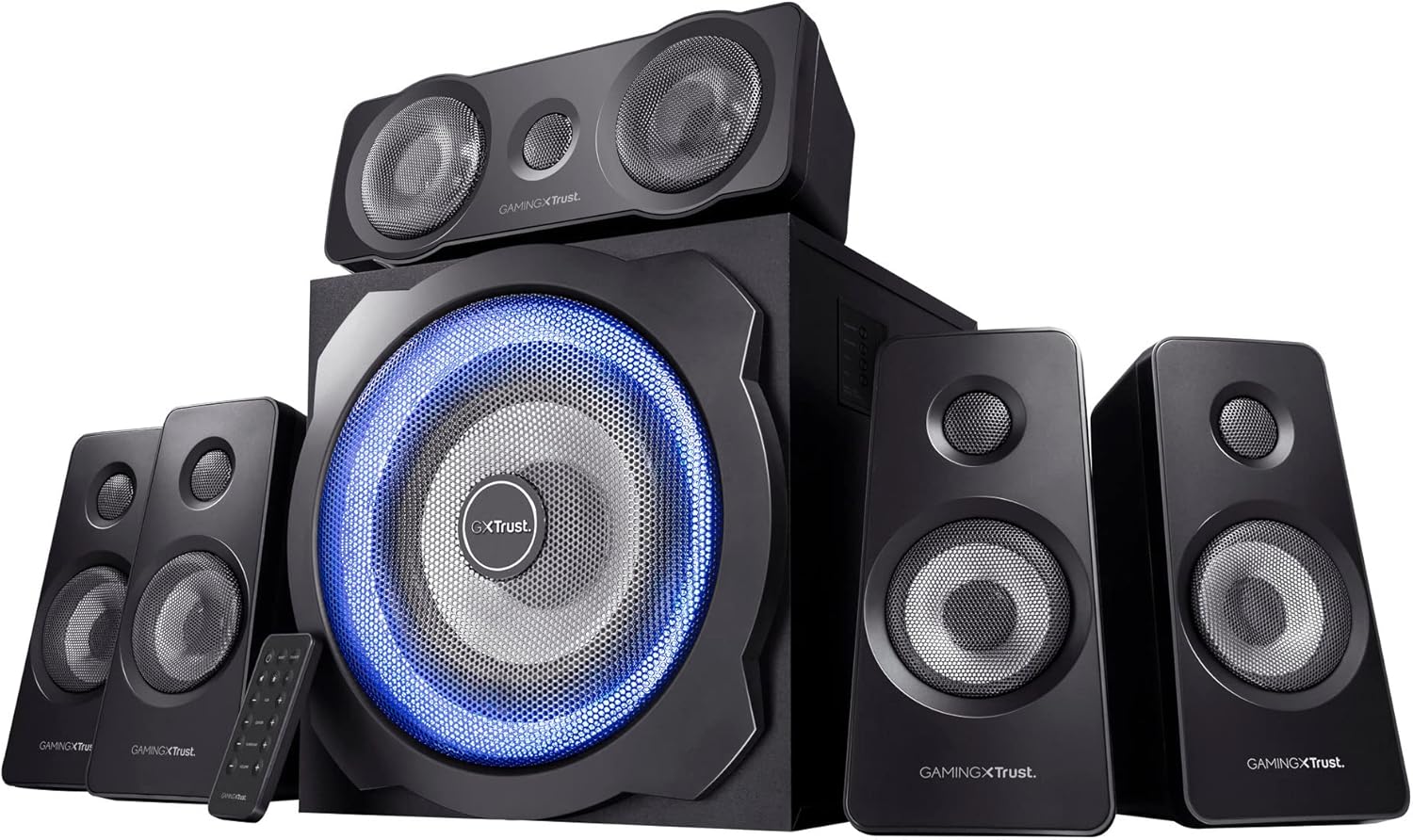 Trust Gaming GXT 658 Tytan 5.1 Surround Sound Speaker System, PC Speakers with Subwoofer, UK Plug, LED Illuminated, 180 W - Black/Blue-0