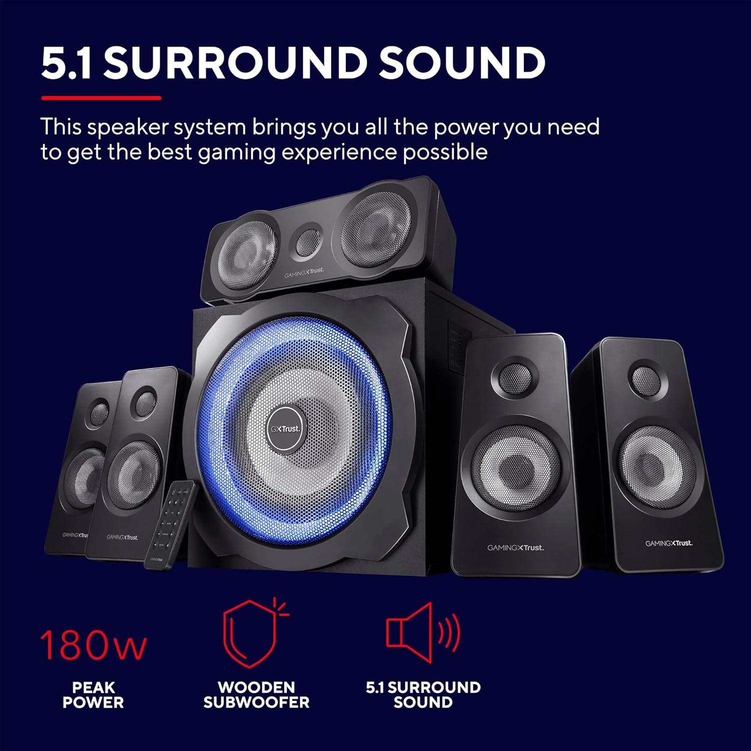 Trust Gaming GXT 658 Tytan 5.1 Surround Sound Speaker System, PC Speakers with Subwoofer, UK Plug, LED Illuminated, 180 W - Black/Blue-1