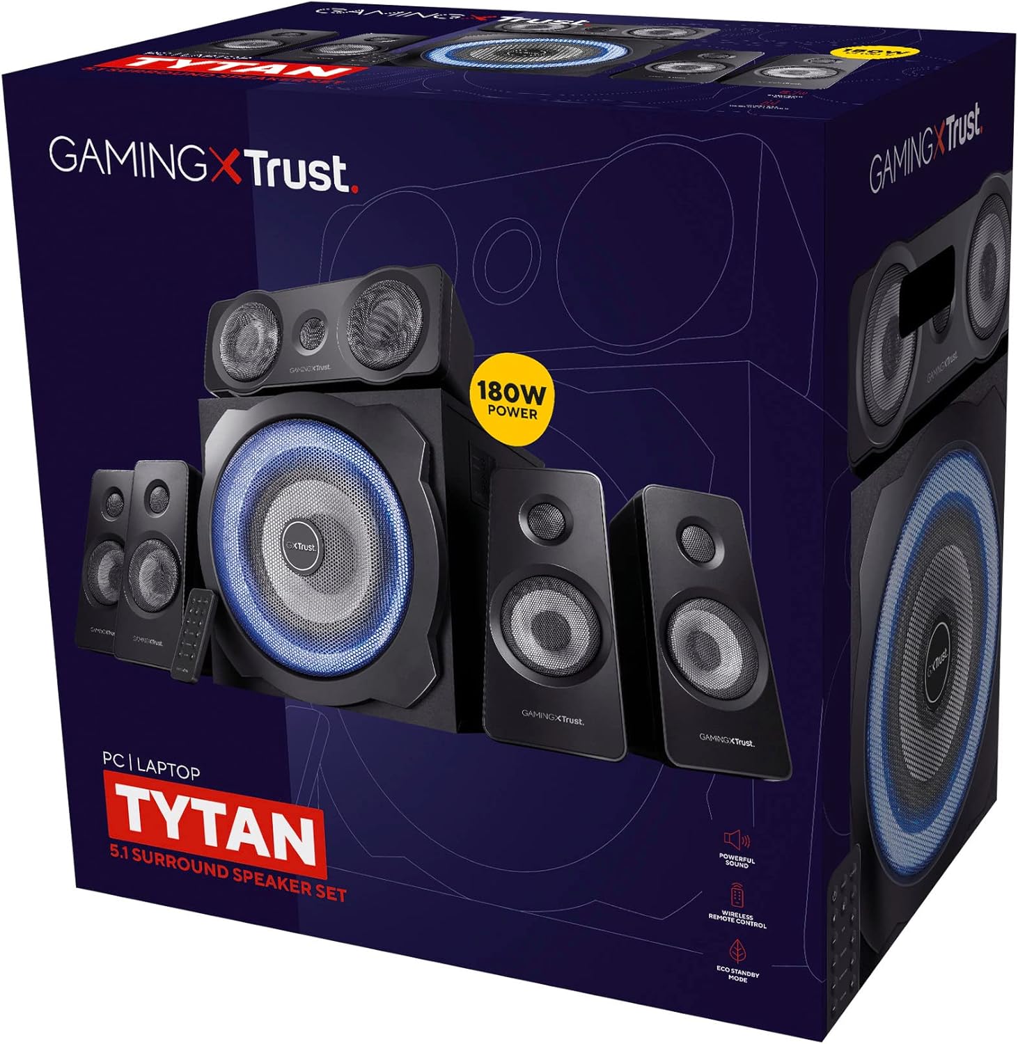 Trust Gaming GXT 658 Tytan 5.1 Surround Sound Speaker System, PC Speakers with Subwoofer, UK Plug, LED Illuminated, 180 W - Black/Blue-12