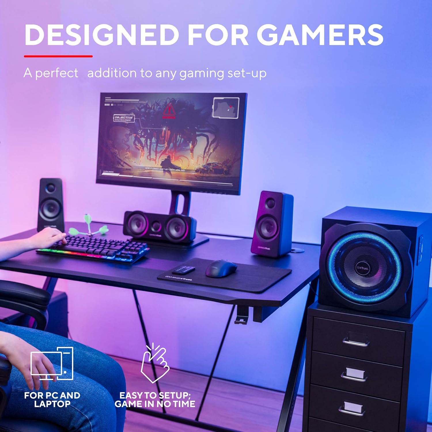 Trust Gaming GXT 658 Tytan 5.1 Surround Sound Speaker System, PC Speakers with Subwoofer, UK Plug, LED Illuminated, 180 W - Black/Blue-2