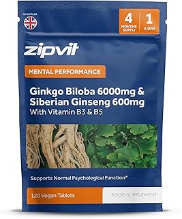 Zipvit Ginkgo Biloba 6000mg & Siberian Ginseng 600mg with Vitamins B3 & B5, 120 Vegan Tablets, Supports Psychological Function, Reduces Tiredness & Fatigue, Improves Mental Performance, 4 Month Supply