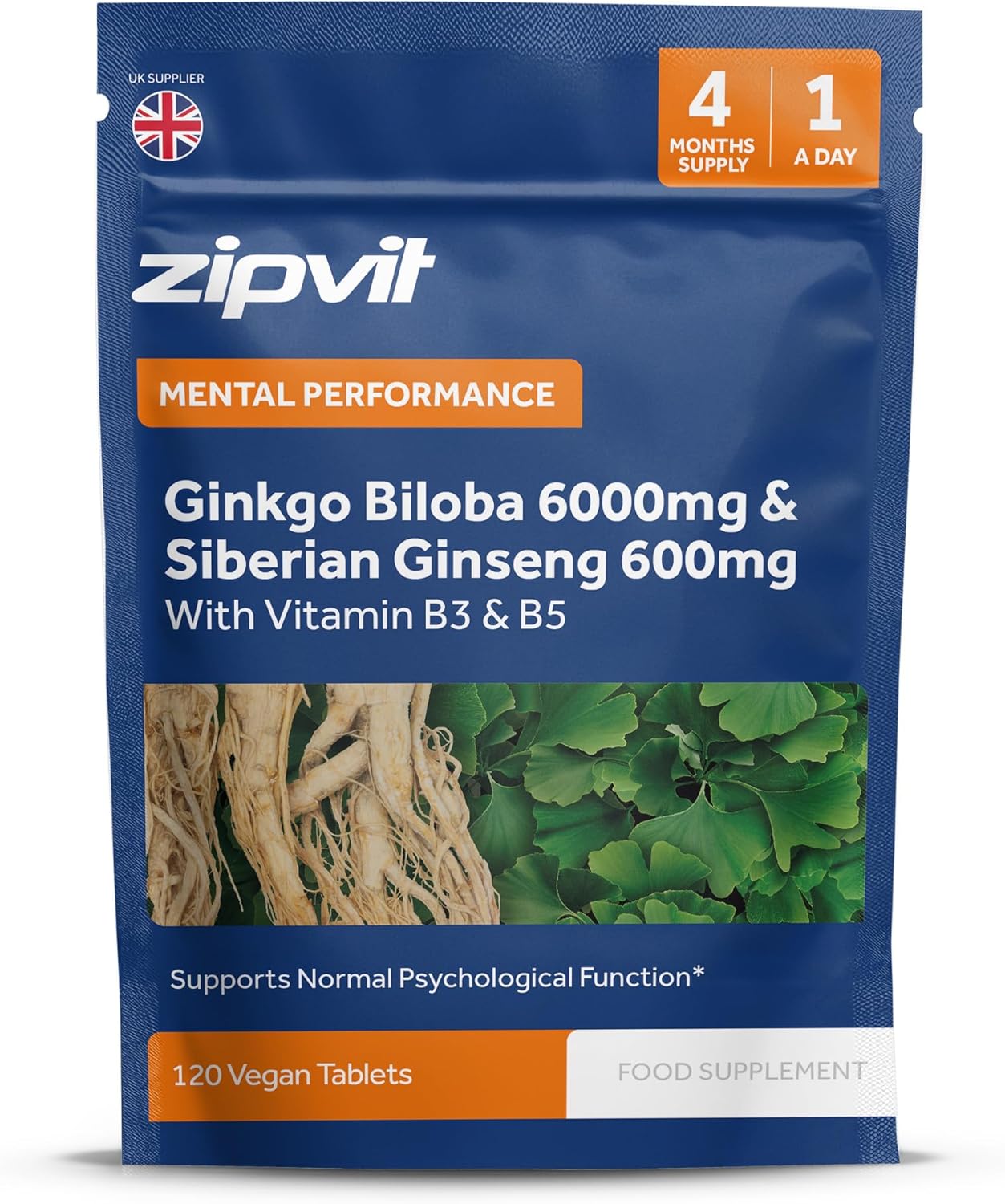 Zipvit Ginkgo Biloba 6000mg & Siberian Ginseng 600mg with Vitamins B3 & B5, 120 Vegan Tablets, Supports Psychological Function, Reduces Tiredness & Fatigue, Improves Mental Performance, 4 Month Supply-0